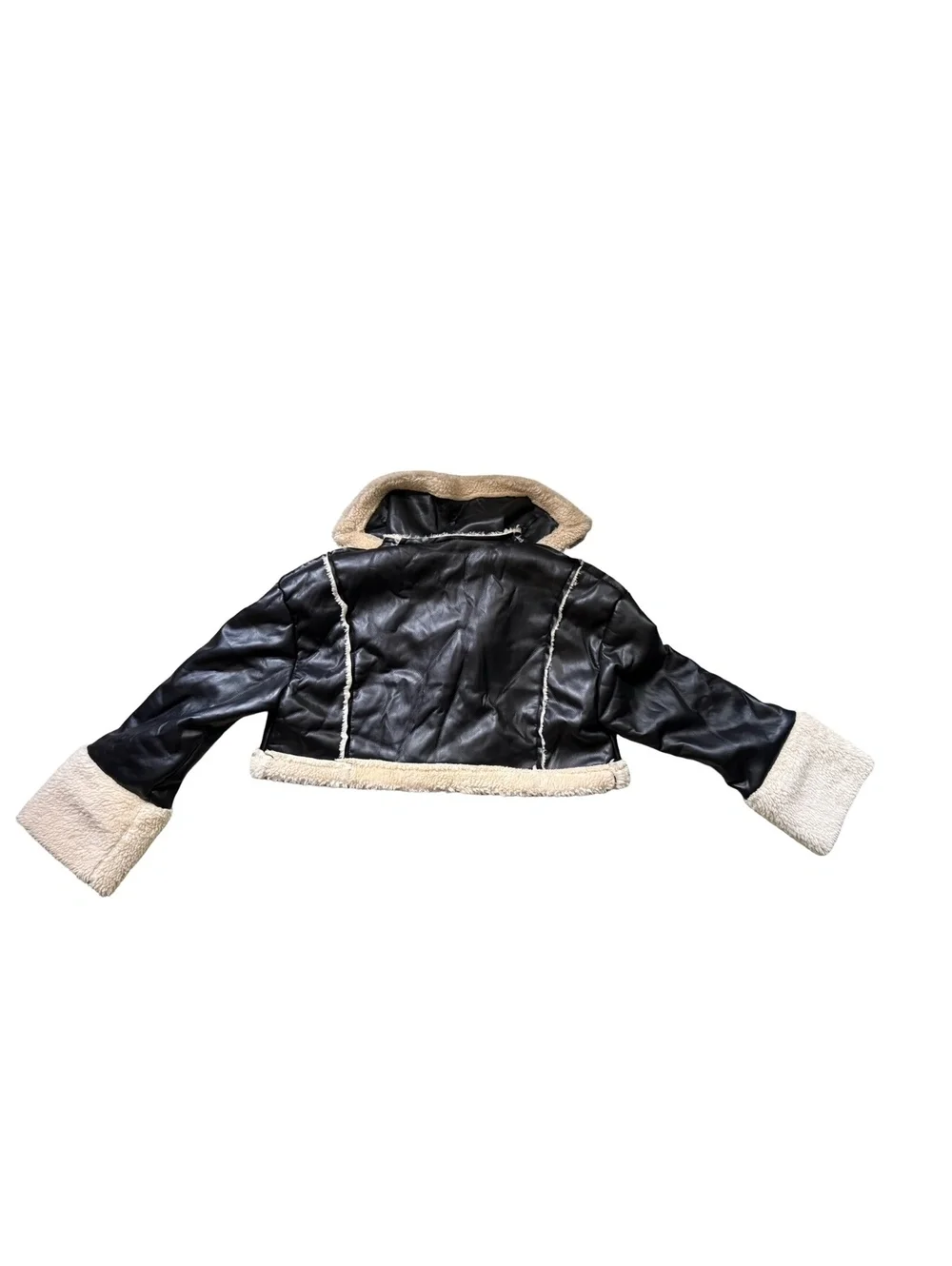Cropped Black Faux Leather Jacket with Cream Sherpa Lining and Trim